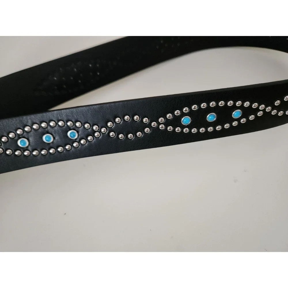 TRUE RELIGION Women Stone Embellished Southwestern Faux Leather Black‎ Belt L/XL